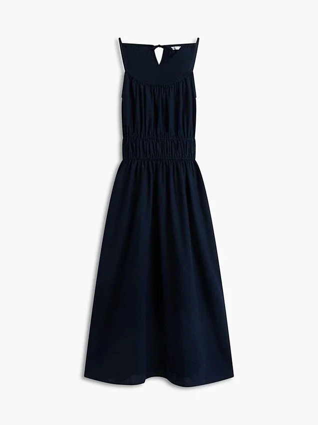 Vestido Midi em Mistura de Linho com Franzido Vestido Midi em Mistura de Linho com Franzido