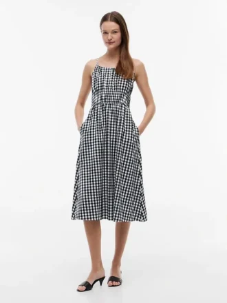 Vestido Midi em Mistura de Linho com Franzido e Padrão Gingham