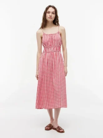 Vestido Midi em Mistura de Linho com Franzido e Padrão Gingham