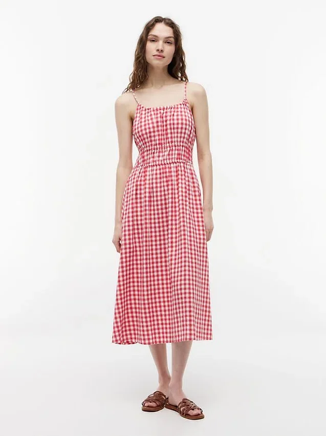 Vestido Midi em Mistura de Linho com Franzido e Padrão Gingham Vestido Midi em Mistura de Linho com Franzido e Padrão Gingham