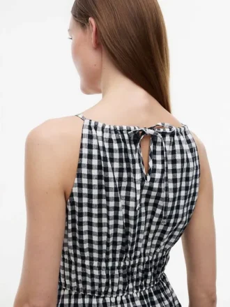 Vestido Midi em Mistura de Linho com Franzido e Padrão Gingham