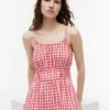 Vestido Midi em Mistura de Linho com Franzido e Padrão Gingham Vestido Midi em Mistura de Linho com Franzido e Padrão Gingham