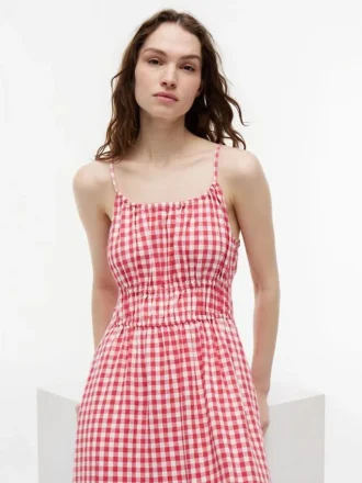 Vestido Midi em Mistura de Linho com Franzido e Padrão Gingham