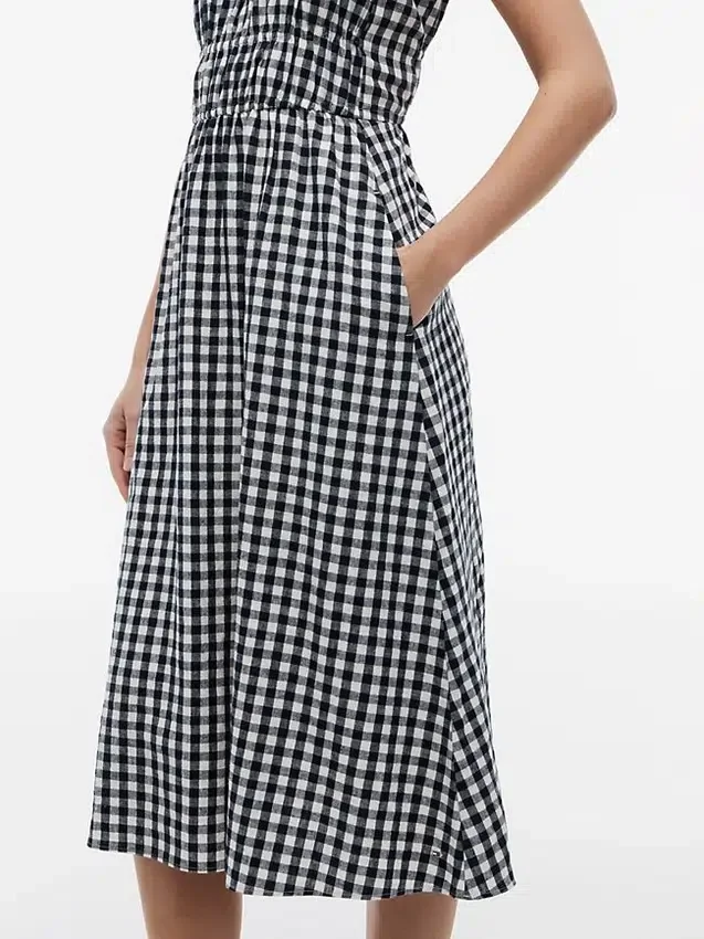 Vestido Midi em Mistura de Linho com Franzido e Padrão Gingham Vestido Midi em Mistura de Linho com Franzido e Padrão Gingham