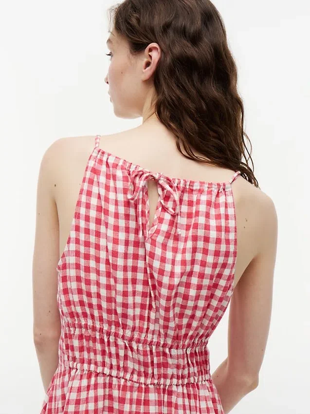Vestido Midi em Mistura de Linho com Franzido e Padrão Gingham Vestido Midi em Mistura de Linho com Franzido e Padrão Gingham