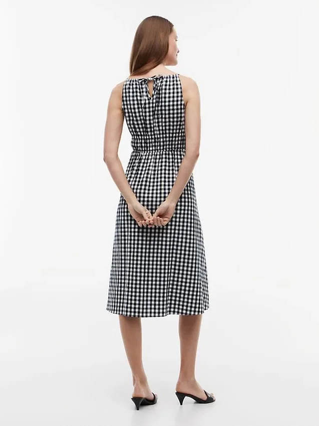 Vestido Midi em Mistura de Linho com Franzido e Padrão Gingham Vestido Midi em Mistura de Linho com Franzido e Padrão Gingham