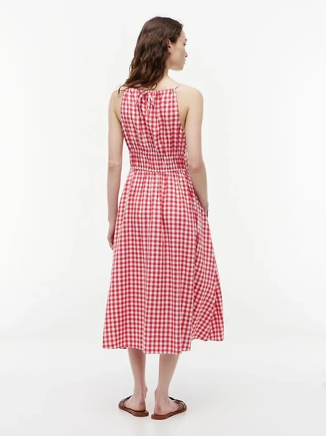 Vestido Midi em Mistura de Linho com Franzido e Padrão Gingham Vestido Midi em Mistura de Linho com Franzido e Padrão Gingham
