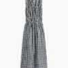 Vestido Midi em Mistura de Linho com Franzido e Padrão Gingham Vestido Midi em Mistura de Linho com Franzido e Padrão Gingham
