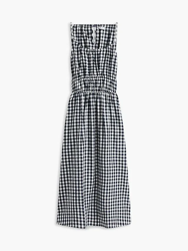 Vestido Midi em Mistura de Linho com Franzido e Padrão Gingham Vestido Midi em Mistura de Linho com Franzido e Padrão Gingham