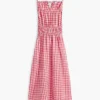 Vestido Midi em Mistura de Linho com Franzido e Padrão Gingham Vestido Midi em Mistura de Linho com Franzido e Padrão Gingham