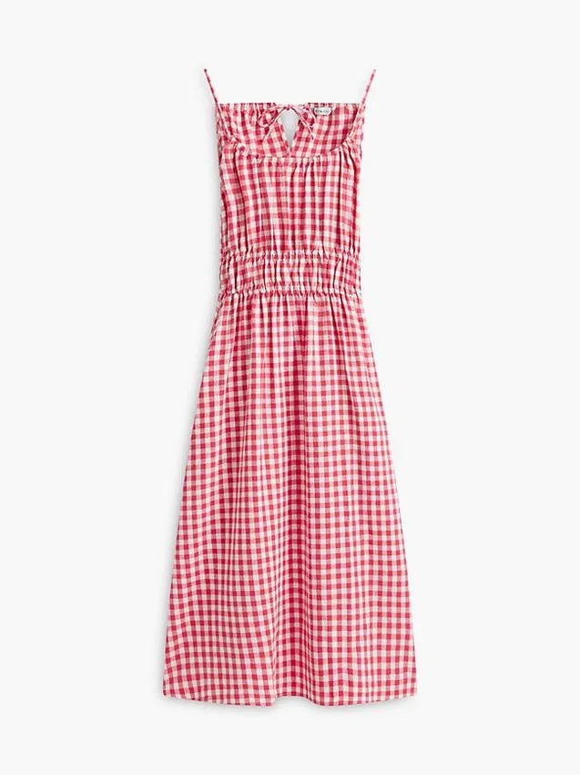 Vestido Midi em Mistura de Linho com Franzido e Padrão Gingham Vestido Midi em Mistura de Linho com Franzido e Padrão Gingham