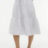 Vestido midi em mistura de linho com riscas e camadas Vestido midi em mistura de linho com riscas e camadas