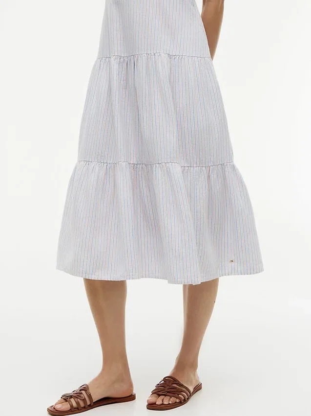 Vestido midi em mistura de linho com riscas e camadas Vestido midi em mistura de linho com riscas e camadas