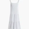Vestido midi em mistura de linho com riscas e camadas Vestido midi em mistura de linho com riscas e camadas