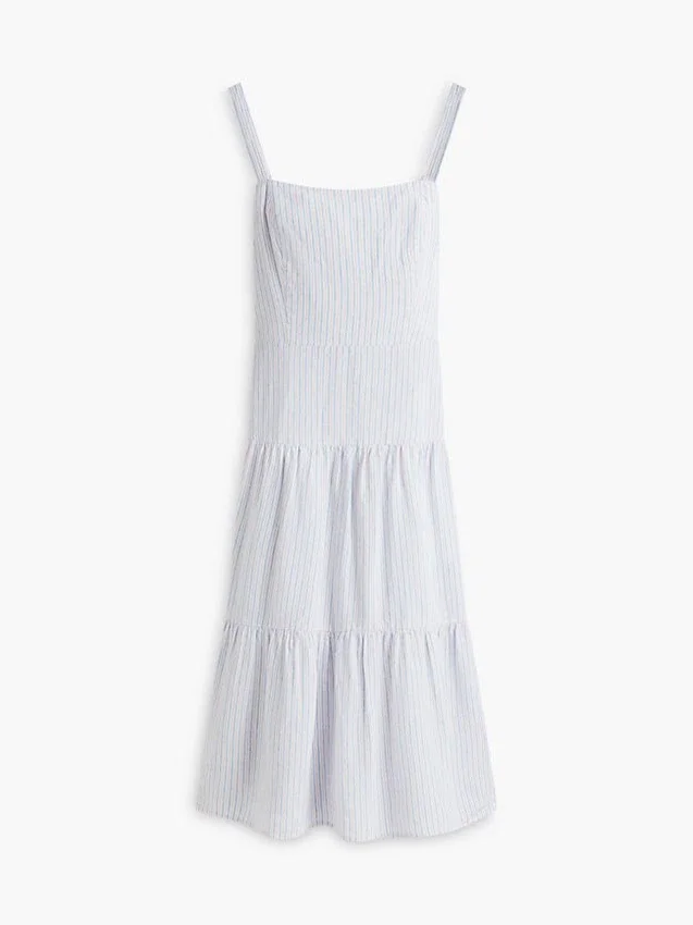 Vestido midi em mistura de linho com riscas e camadas Vestido midi em mistura de linho com riscas e camadas