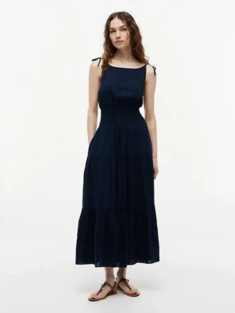 Vestido Midi em Seersucker com Camadas