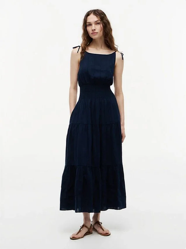 Vestido Midi em Seersucker com Camadas Vestido Midi em Seersucker com Camadas