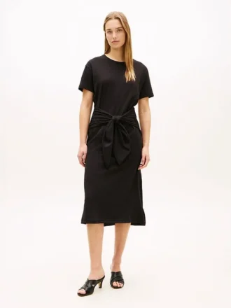 Vestido midi em t-shirt de algodão slub com laço à frente