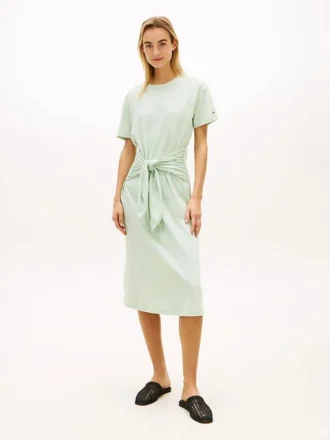 Vestido midi em t-shirt de algodão slub com laço à frente