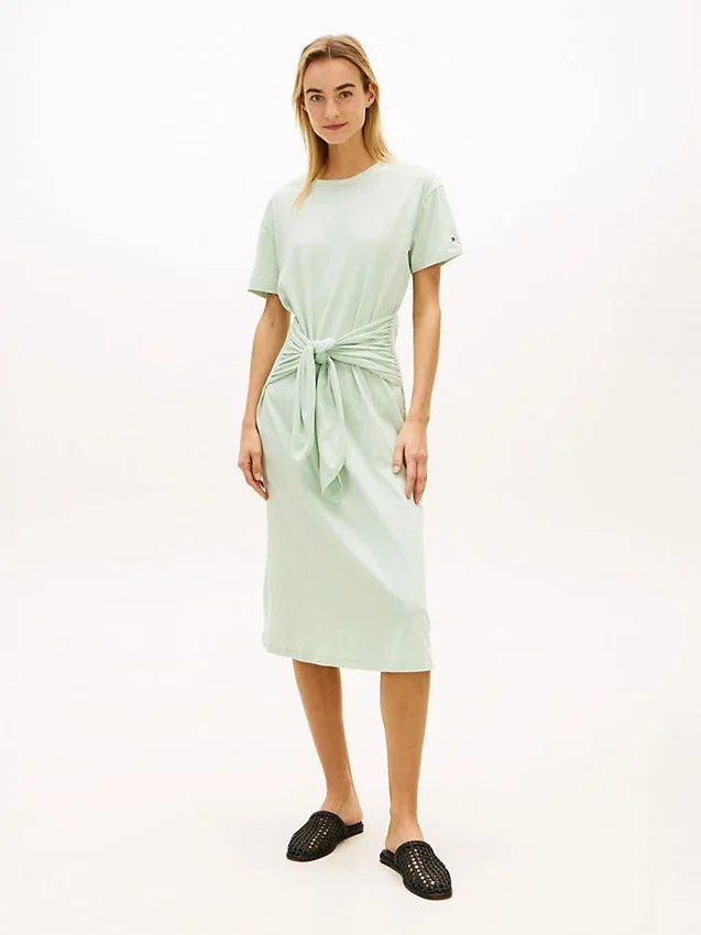 Vestido midi em t-shirt de algodão slub com laço à frente Vestido midi em t-shirt de algodão slub com laço à frente