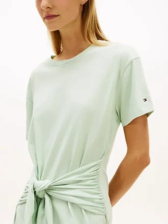 Vestido midi em t-shirt de algodão slub com laço à frente