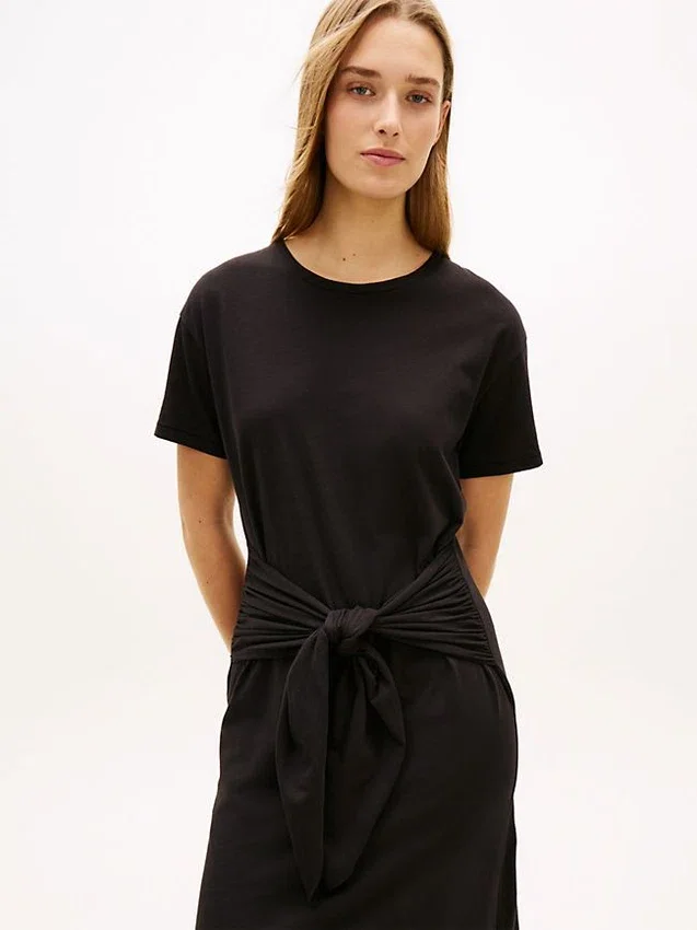 Vestido midi em t-shirt de algodão slub com laço à frente Vestido midi em t-shirt de algodão slub com laço à frente