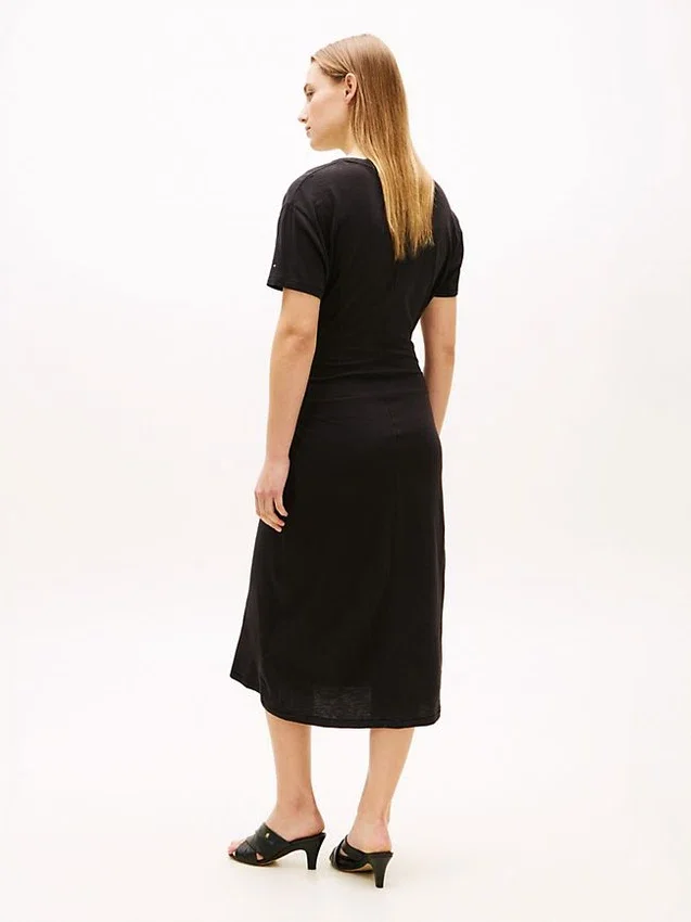 Vestido midi em t-shirt de algodão slub com laço à frente Vestido midi em t-shirt de algodão slub com laço à frente