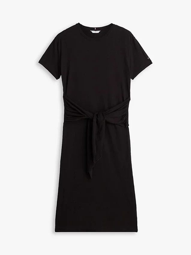 Vestido midi em t-shirt de algodão slub com laço à frente Vestido midi em t-shirt de algodão slub com laço à frente