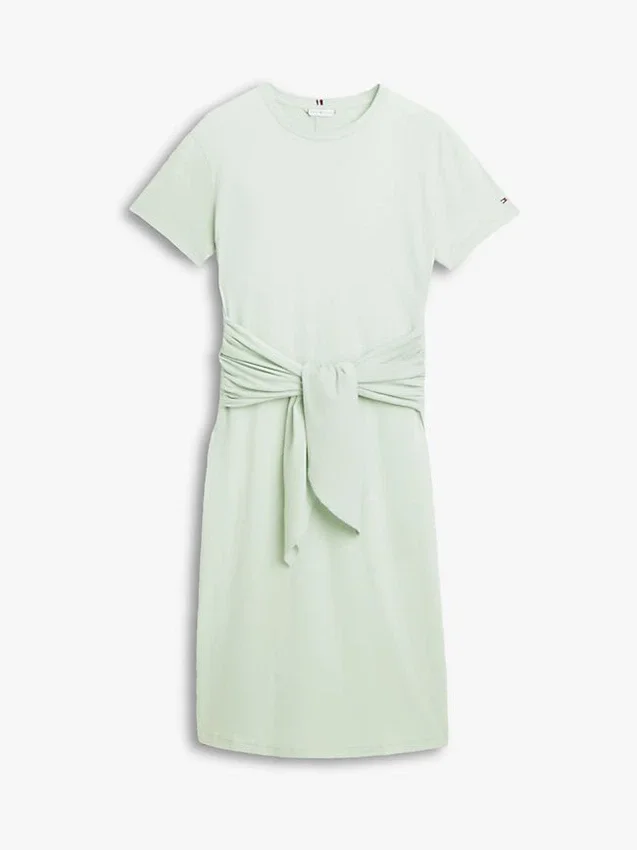 Vestido midi em t-shirt de algodão slub com laço à frente Vestido midi em t-shirt de algodão slub com laço à frente