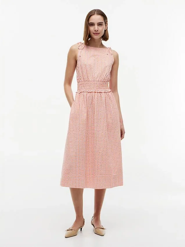 Vestido midi em xadrez seersucker franzido Vestido midi em xadrez seersucker franzido