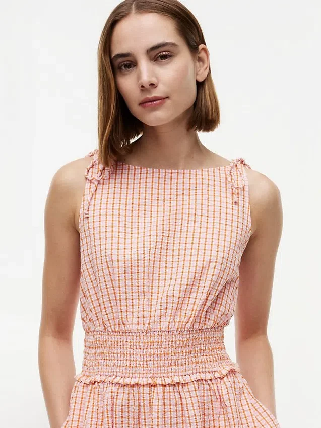 Vestido midi em xadrez seersucker franzido Vestido midi em xadrez seersucker franzido