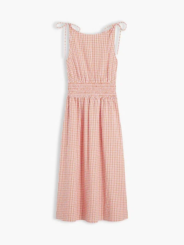 Vestido midi em xadrez seersucker franzido Vestido midi em xadrez seersucker franzido