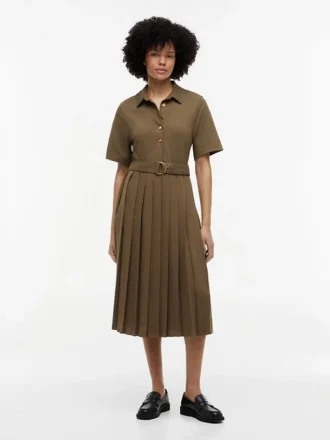 Vestido Midi Plissado em Mistura de Materiais