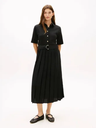 Vestido Midi Plissado em Mistura de Materiais