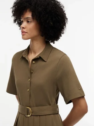 Vestido Midi Plissado em Mistura de Materiais