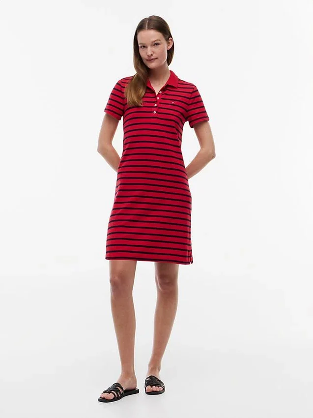 Vestido polo em piqué elástico às riscas Vestido polo em piqué elástico às riscas