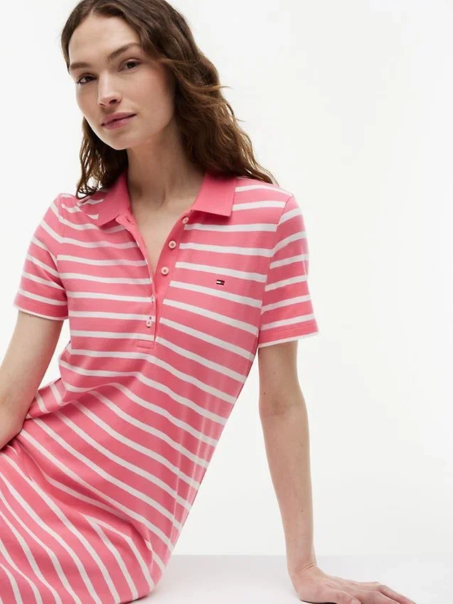 Vestido polo em piqué elástico às riscas Vestido polo em piqué elástico às riscas
