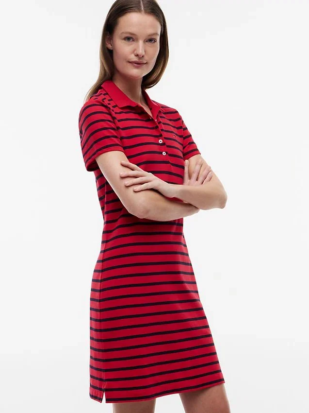 Vestido polo em piqué elástico às riscas Vestido polo em piqué elástico às riscas