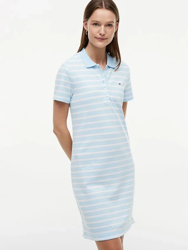 Vestido polo em piqué elástico às riscas Vestido polo em piqué elástico às riscas