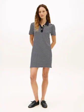 Vestido polo interlock às riscas com botões dourados