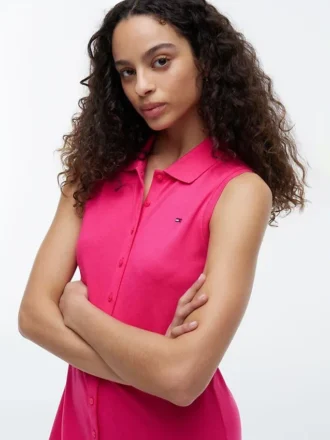 Vestido polo midi sem mangas em piqué