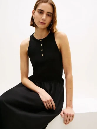 Vestido sem mangas em mistura de materiais