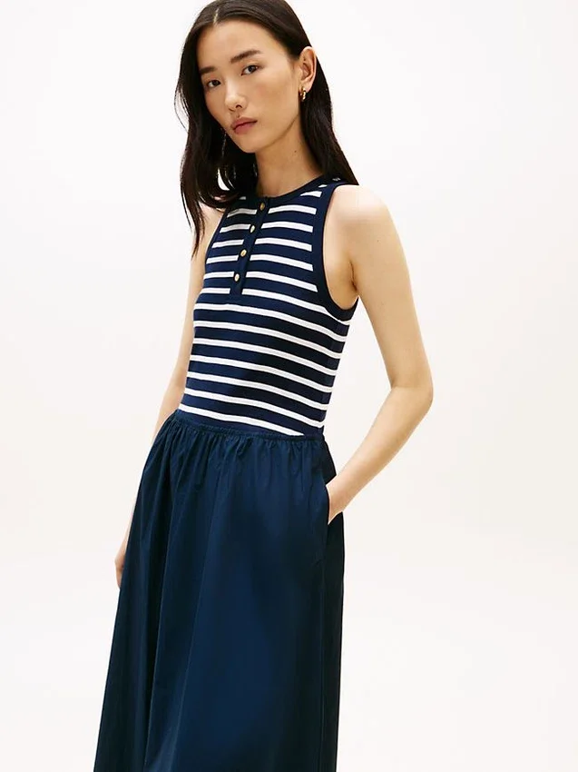 Vestido sem mangas em tecido misto Vestido sem mangas em tecido misto